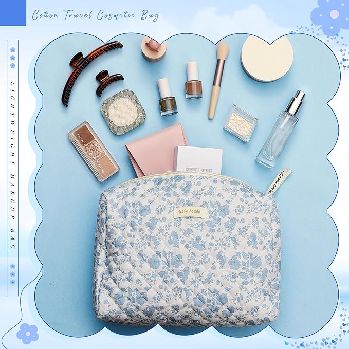 Zeyune 3 Pcs Makeup Bag Quilted Cosmetic Bags Large Floral Makeup Bag Set for Women Cotton Flower Travel Toiletry Storage Cute with Zipper for Women Mom Birthday Gift Home Bathroom(Blue Flower)