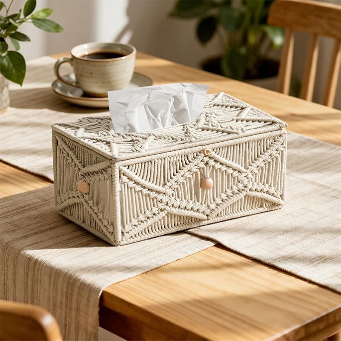 KaloKalo Handmade Tissue Box Cover Rectangle Decorative Macrame Boho Tissue Holder Cotton Rope Woven Napkin Facial Paper Organizer Bohemian Desk Storage Container with Buckle Wood Beads (Ivory)