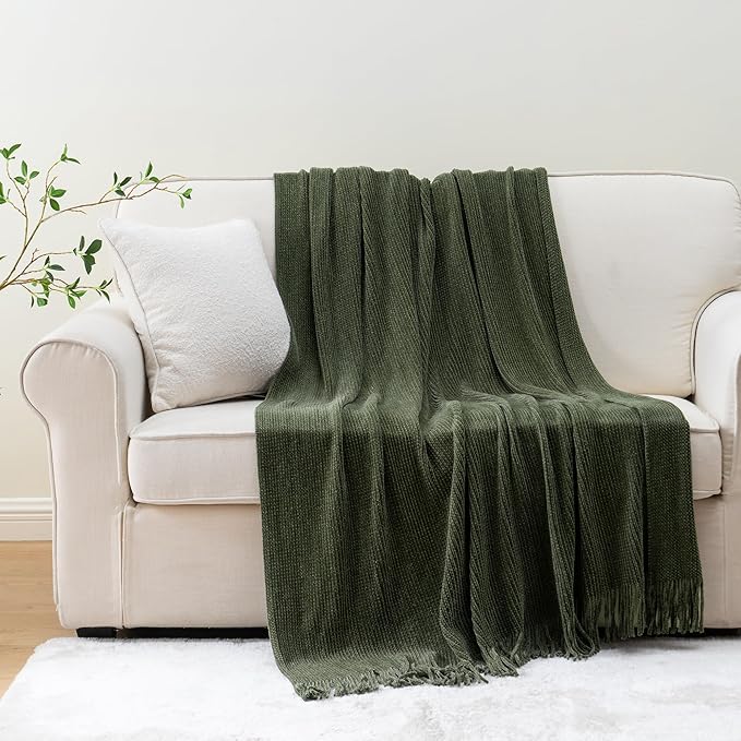 BATTILO HOME Olive Green Throw Blanket for Couch, Soft Chenille Knit Throws with Tassels for Home Decor, Green Blankets and Throws for Bed Couch Cover, 60"x80"