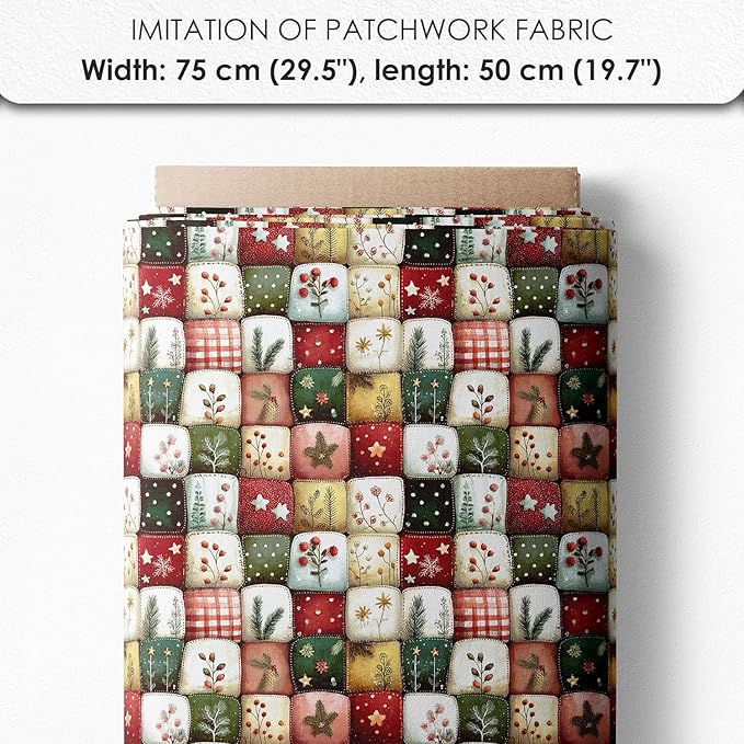 Christmas Cottage Patchwork Cotton Fabric Panel – 6 Designs (10"×10" inch Each) + Bonus Patchwork Sheet 29.5"×19.6" inch, 100% Cotton 140 GSM