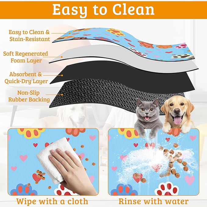 Pet Feeding Mat,Dog Paws Absorbent Dog Cat Food Mat Cute Cat Dog Mat with Rubber Backing,Non-Slip Water Bowl Placemat,Pet Supplies 12" x 20"