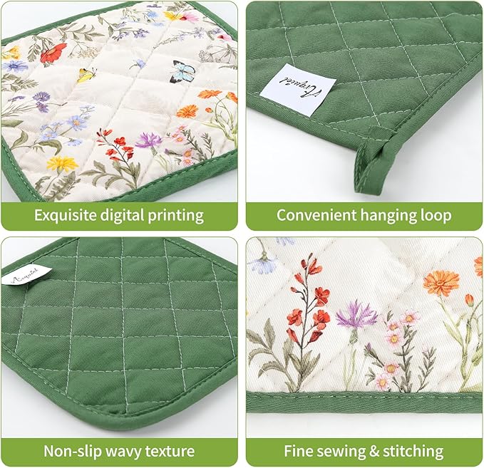 Floral Grass Oven Mitts and Pot Holders Sets 2Pcs, 100% Cotton Heat Resistant, Extra Long Oven Gloves Potholder for Kitchen Cooking Baking Decoration