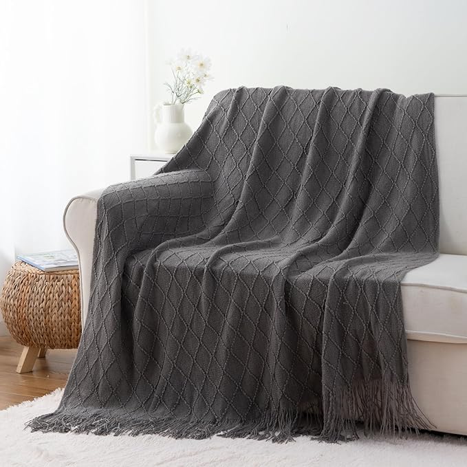 BATTILO HOME Dark Grey Throw Blanket for Couch, Solid Boho Throw Blanket for Home Decor, Bed Throws for Foot of Bed, 50"x60"