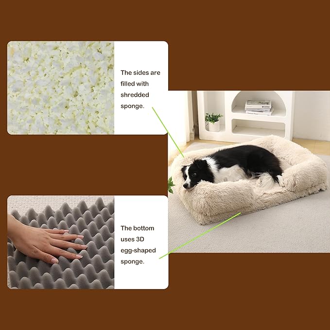 CareCooo Orthopedic Dog Bed for XXL Dogs - Washable Memory Foam Pet Sofa, Fluffy Plush Rectangular Bed, Waterproof Anti-Anxiety Couch, Light Brown, XXL