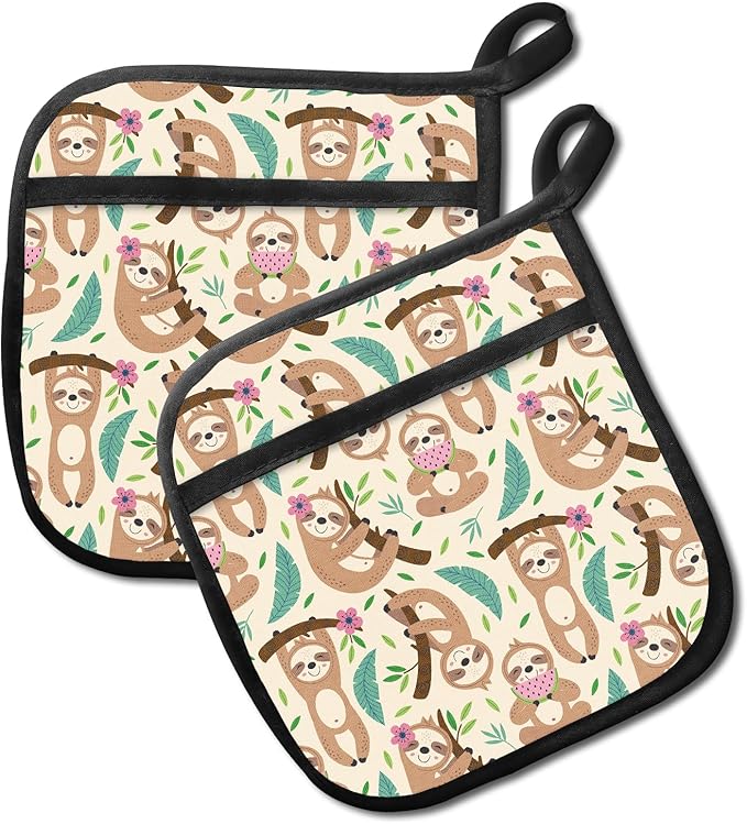 Pot Holders for Kitchen, Heat Resistance Hot Pads, Cute Potholder with Pocket for Kitchen Cooking Baking 2 Packs, Cute Sloths