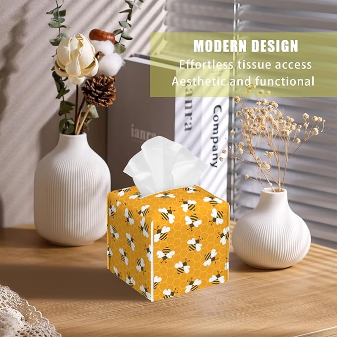 BLYKVGHQ Bee and Honeycomb Tissue Box Cover Square, Tissue Box Holder with Bottom Belt Leather Facial Paper Organizer Dispenser for Bathroom Bedroom Dresser Night Stand Tabletop