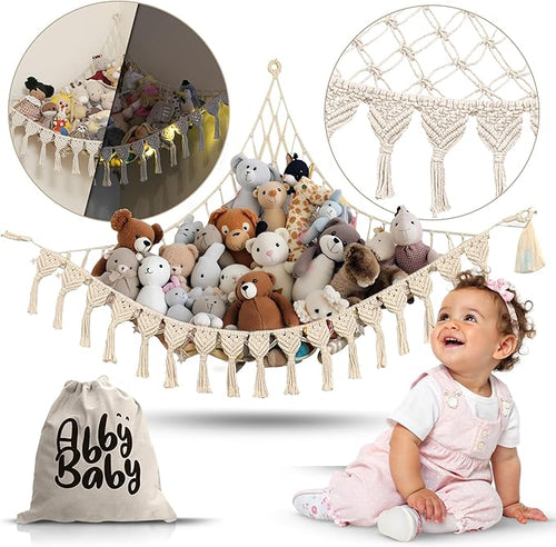 Abby Baby Extra Large Stuffed Animal Hammock with LED Lights 100% Natural Cotton Macrame Toy Storage Net for Plushies & Squishmallows Boho Macrame Corner Organizer for Kids’ Room or Nursery (Beige)