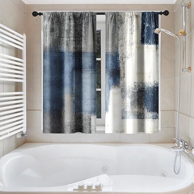 Culudea Navy Blue Grey Painting Shower Curtain Set, Gray Contemporary Modern Abstract Bathroom Window Waterproof Shower Curtain Set for Bathroom Decor