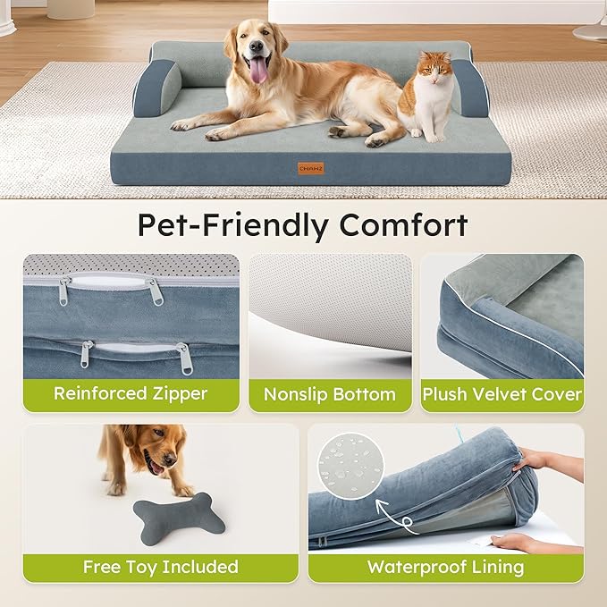 CWAWZ XL Plus Orthopedic Dog Bed, Big Dog Bed for Large Sized Dogs, Dual-Sided Pet Cooling Beds with Memory Foam Washable Cover Nonslip Bottom, Waterproof Pet Couch with Bolster, Dark Grey