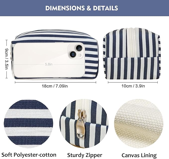 STARDW Striped Cotton Makeup Bag, Cute Cosmetic Pouch with Canvas Lining & Zipper, Travel Toiletry Bag