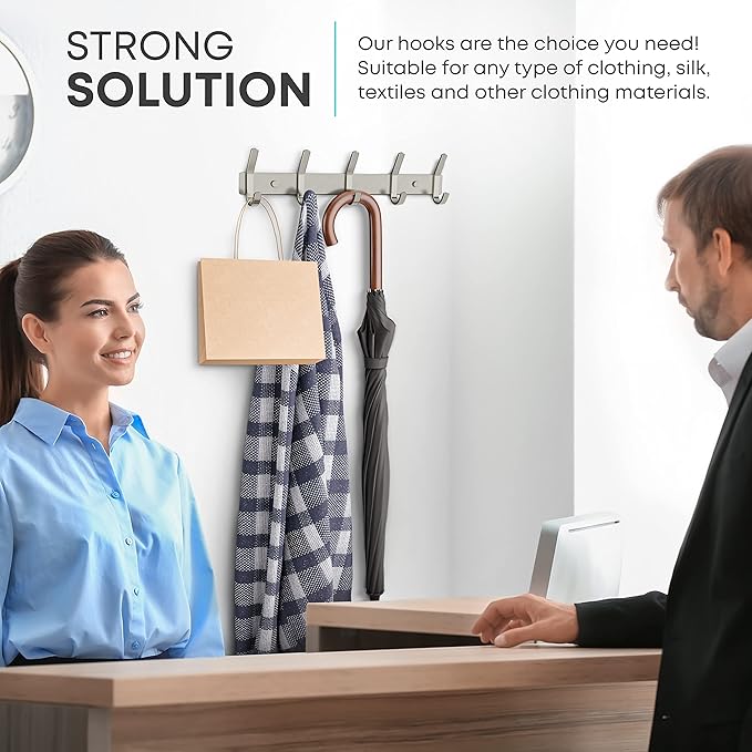 SAYONEYES Coat Rack Wall Mount – Brushed Nickel 15 Inch Stainless Steel Hook Rail with 5 Heavy Duty Double Coat Hooks – Wall Mounted Coat Hanger for Entryway, Bathroom, Bedroom, Towel, Hat Organizer