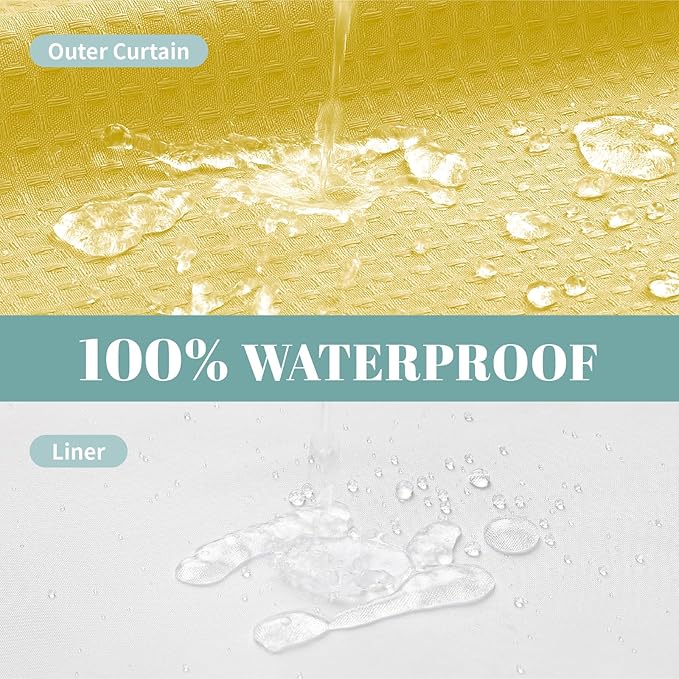 eachope Yellow No Hook Waffle Weave Shower Curtain with snap-in Liner Replacement, 230GSM Waterproof Fabric Hotel Shower Curtain Set for Bathroom, Through Mesh Top Window,71Wx74H