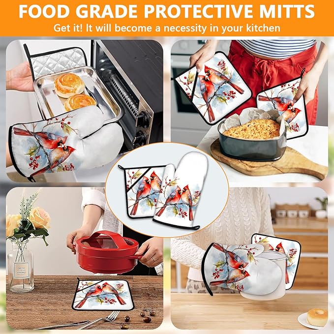 Red Cardinal Birds Oven Mitts and Pot Holders Sets 4Pcs,Extra Long Oven Gloves Potholder for Kitchen Cooking Baking BBQ 100% Cotton Heat Resistant