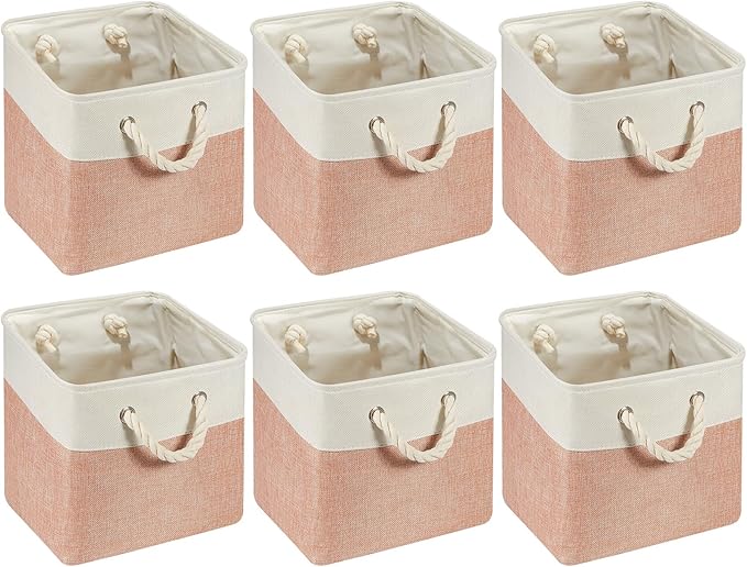 Geiserailie 6 Pcs 11 x 11 Inch Cube Storage Bins Fabric Storage Organizer Bins Foldable Cube Baskets with Sturdy Carry Handles Wicker Baskets for Home (Orange Pink and White)