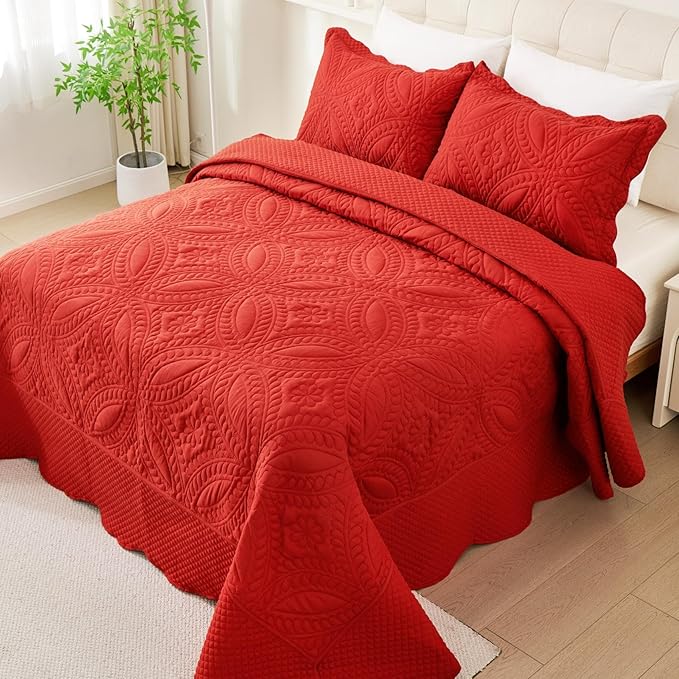 Cmfshape King Bedspread 106"x96",3 Piece King Quilt with 2 Shams,Lightweight Red Quilt Set for All Season,Modern Coin Pattern Bedding Set(1 Quilt,2 Pillowshams)