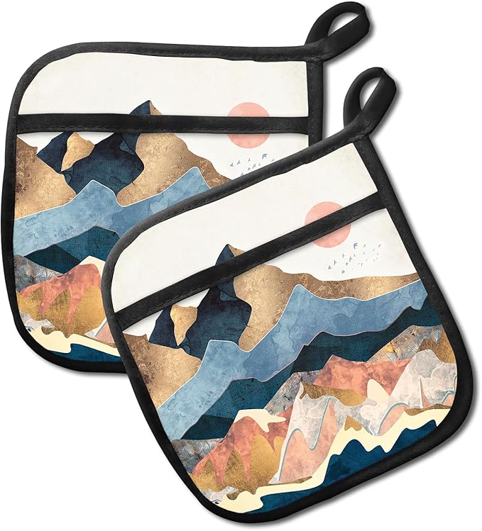 Pot Holders for Kitchen, Heat Resistance Hot Pads, Cute Potholder with Pocket for Kitchen Cooking Baking 2 Packs, Beautiful Mountain View
