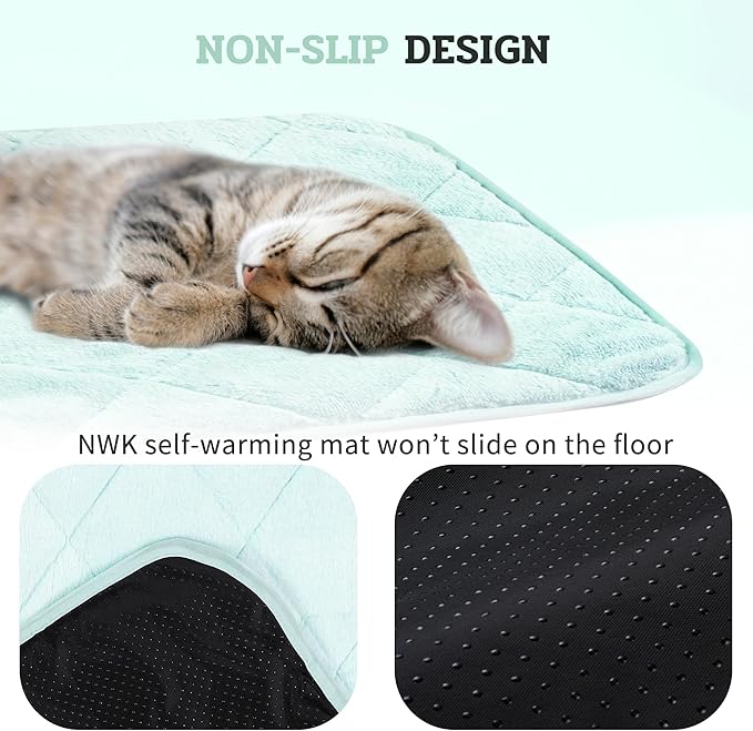 NWK Fluffy Self Warming Cat Mat, Cat Blanket, Thermal Dog Mat, Washable, Non-Slip Bottom for Sofa & Crate & Kennel & Car Seat (Mint Green, Small (20'' X 16'' X 0.4''))