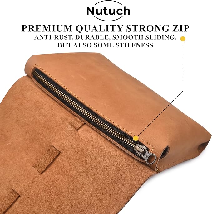 NUTUCH Leather Tech Pouch for Cables Chargers Phone | Tech Bag | Zipper Travel Accessory Pouch | Electronic Organizer Case Travel Bag (Tan)
