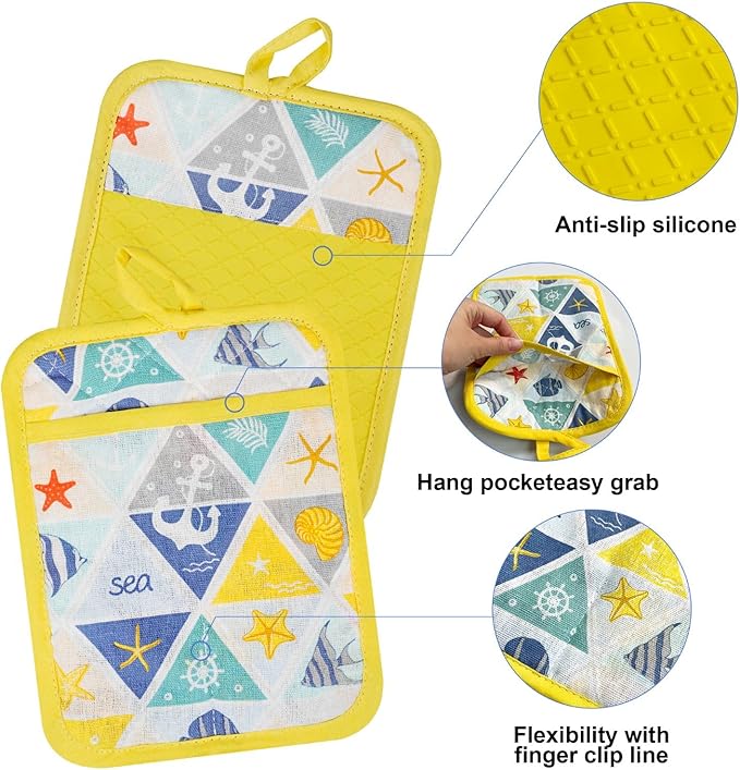 Oven Mitts and Pot Holders with Chef Apron,Set of 5 Heat Resistant Kitchen Gloves and Silicone Non-Slip Potholders Adjustable Neck Buckle Apron, Cotton Nice Design for Cooking (Sea Fish)