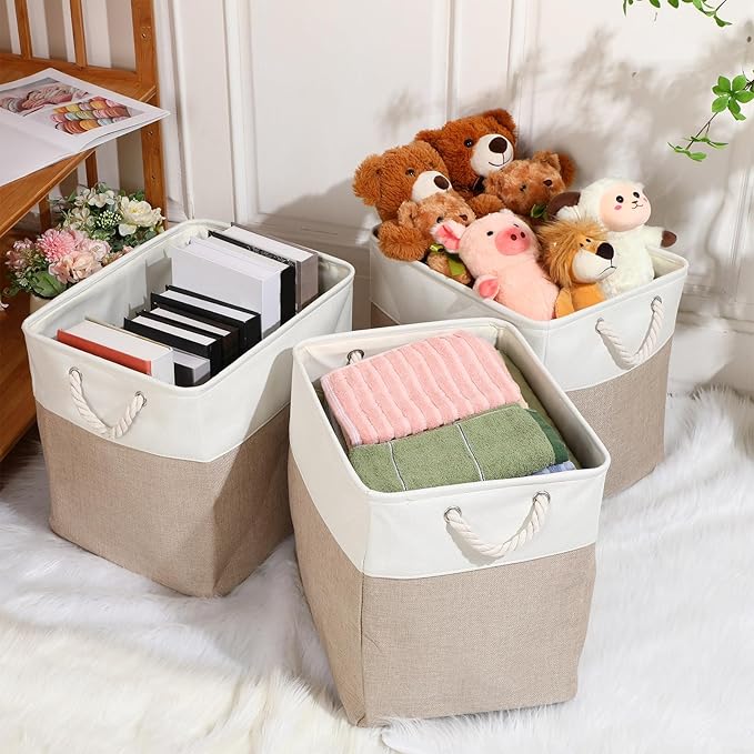 meekoo 8 Pack Collapsible Storage Bins Fabric Storage Bins Polyester Fabric Baskets with Handles Linen Closet Organizer for Shelf Home Closet Towels Toys(17 x 12 x 15 in,Beige)