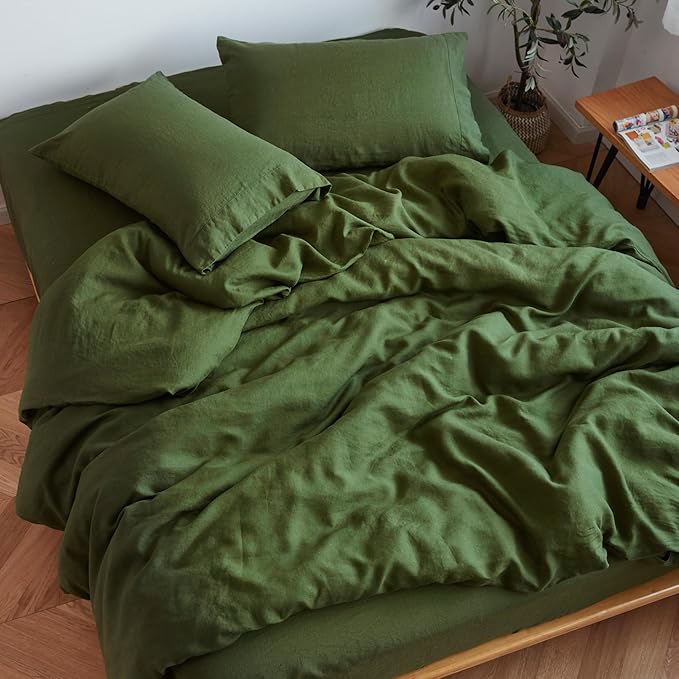 Sijo Stone Washed Organic French Linen Bed Sheet Set, GOTS Certified Organic, Best Cooling Linen Sheet Award by Sleep Foundation, 4 Piece - 2 Pillowcases, 1 Fitted and 1 Flat (Forest, Cal King)