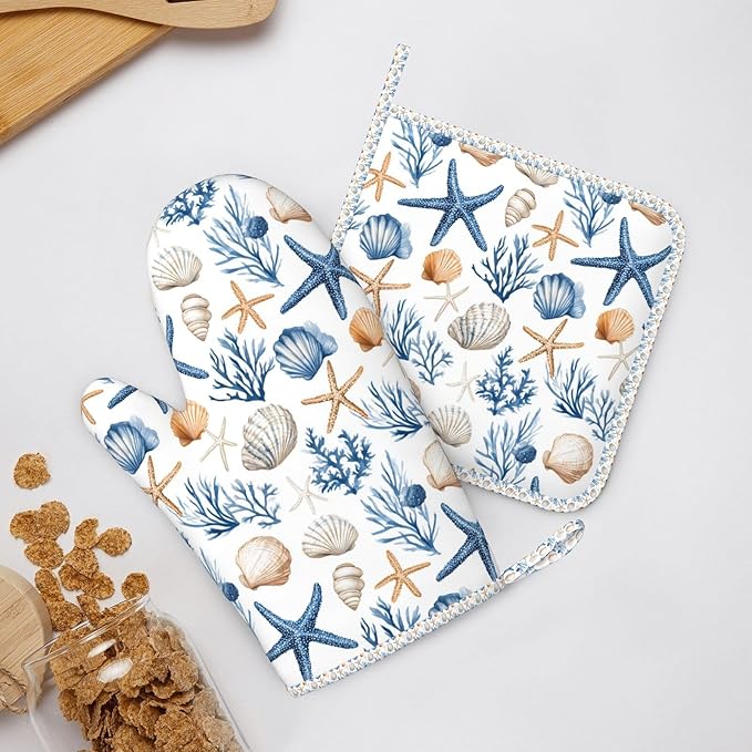 Oven Mitts Pot Holders Set Blue Seashell Starfish Childish Silicone Kitchen Gloves Potholders Heat Resistant for Chef Baking Cooking Grilling BBQ 4 Pack Mitt