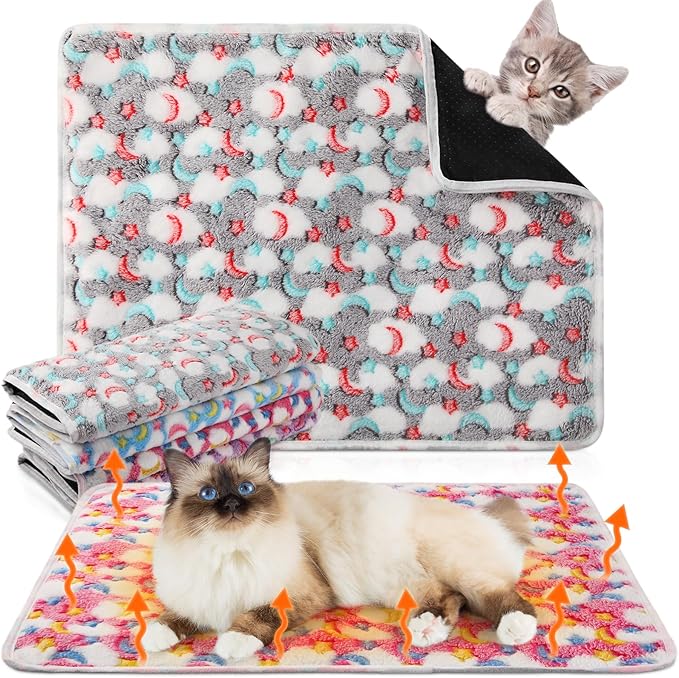 Clysee 4 Pack Self Heating Cat Bed Cat Self Warming Pad with Removable Cover Extra Warm Thermal Pet Pad Washable Pet Crate Mat Anti Slip Kennel for Indoor Outdoor Pets(Stars Moon,16 x 20 Inches)