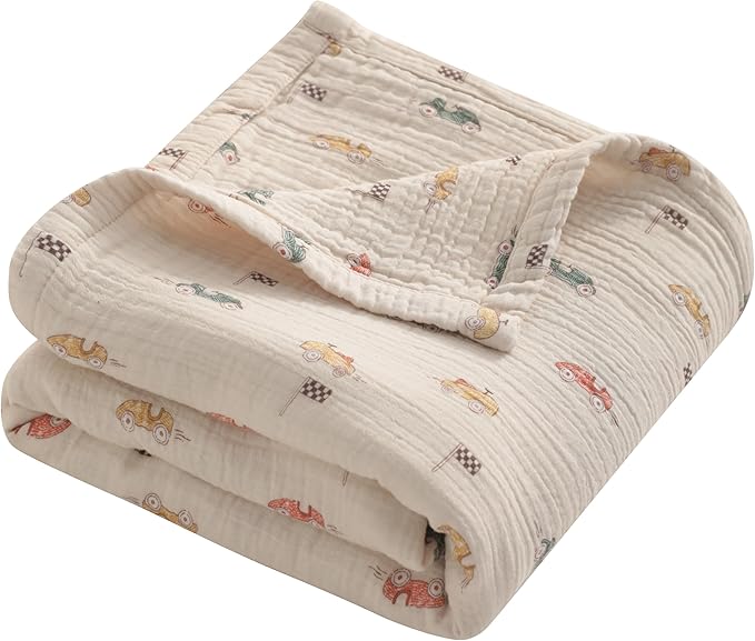 NTBAY 4 Layer Muslin Cotton Toddler Blanket, 42x60 Soft and Breathable Receiving for Newborns and Infants, Perfect for Crib, Stroller, Travel, Lightweight Nursery Blanket, Retro Race Car