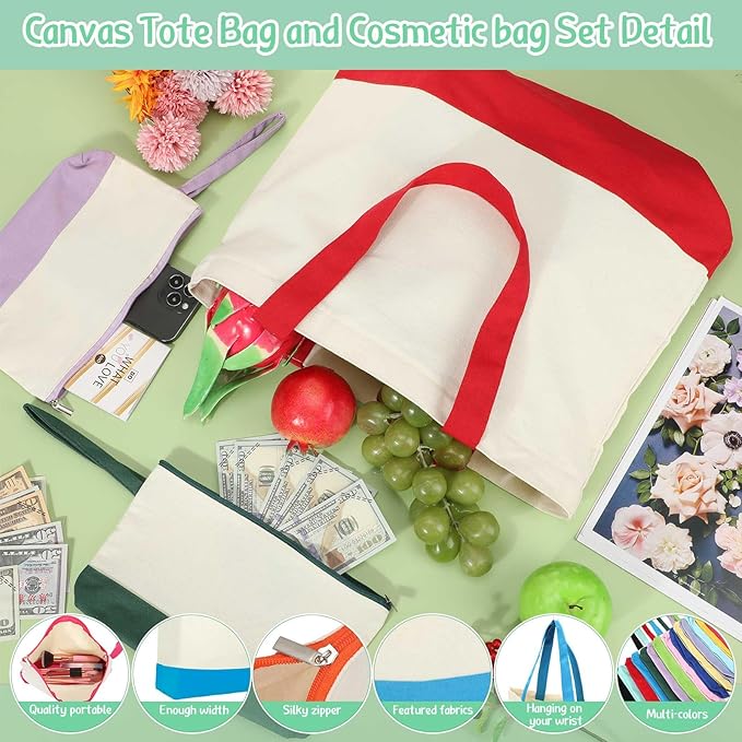 Sanwuta Canvas Tote Bags Bulk with Zipper Cosmetic Pouch 18.5" Reusable Cotton Shopping Bag with Handle for DIY Craft