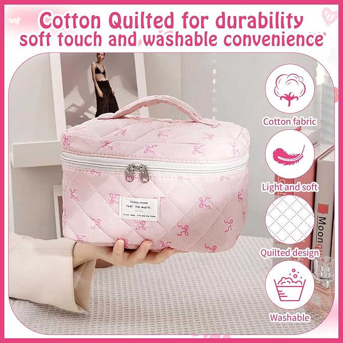 Cozomga Quilted Makeup Bag, Large Capacity Travel Cosmetic Bag for Women and Girls, Aesthetic Storage for Daily and Travel Use (3PCS-Pink SlimBow)