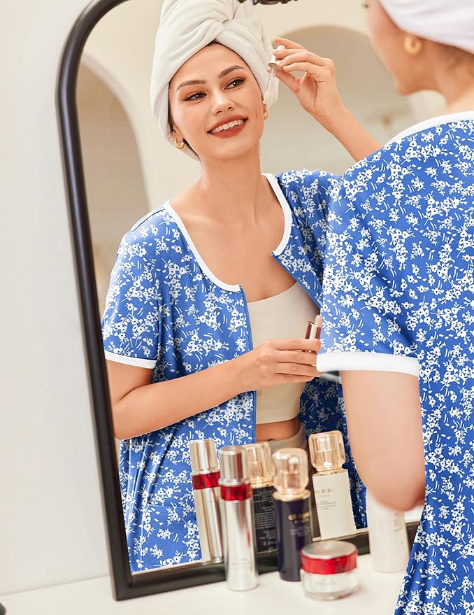 Ekouaer Zip Up Robes for Women Short Sleeves Zipper House Coat Short Bathrobes Lightweight Nightgown with Pockets S-3XL