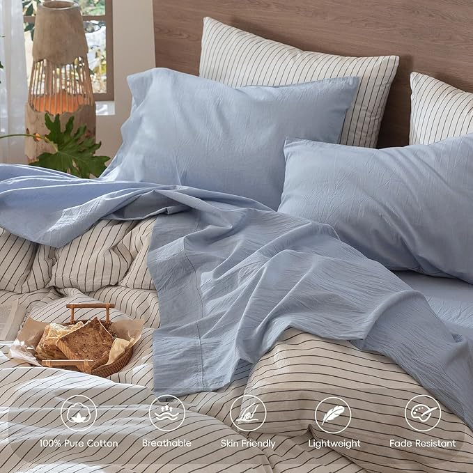 MooMee Bedding Sheet Set 100% Washed Cotton Linen Like Textured Breathable Durable Soft Comfy (Heathered Cornflower Blue, Split King)