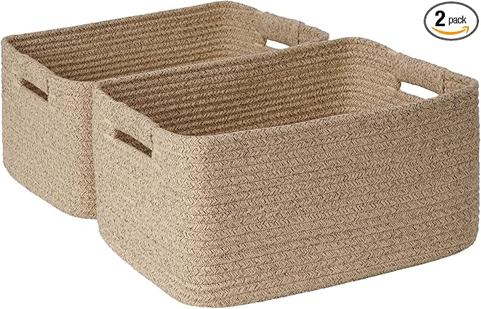 2 Pack Large Storage Basket for Organizing, 17.5"x13.5"x7.5" Woven Basket for Shelves, Closet Cube Storage Bins with Wrapped Handle, Cotton Rope Baskets for Kitchen, Clothes, Toys (Natural)