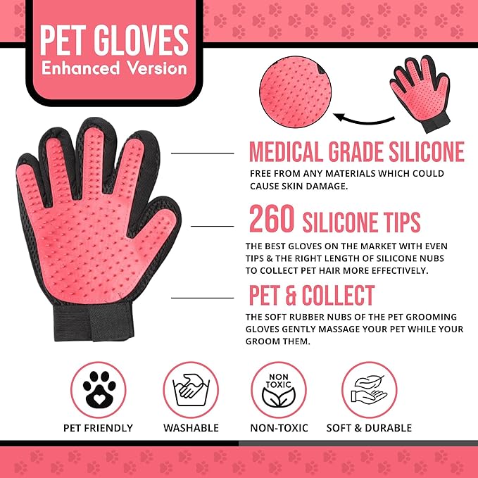 HappiTails Pet Grooming Gloves – 1 Pair – Deshedding & Bath Massage Mitts for Dogs & Cats – Choose from 5 Colors – Adjustable, Reusable & Easy to Clean (Pink)