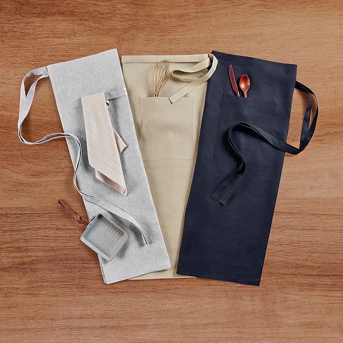 Solino Home Linen Bistro Server Apron - Extra long ties with Pockets - 100% Pure Linen Midi Half Apron for Men and Women