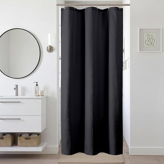 Ebesto Black Stall Shower Curtain 36 x 72 Inch, Textured Soft Fabric Waffle Narrow Size Modern Shower Small Curtain for Bathroom Hotel, Machine Washable, Water Resistant, 36Wx72L Inches