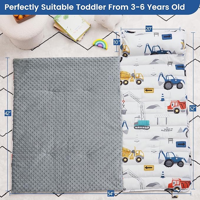 PHF Toddler Nap Mat with Removable Pillow and Minky Fleece Blanket, Rollup Design Warm Slumber Bags for Boys, 52"x20" Kids Sleeping Bag for Daycare Preschool Travel Camping, Truck and Digger