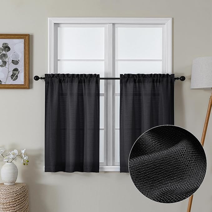 Lecloud Bessie Black Kitchen Curtains 30 Inch Length 2 Panels, Light Filtering Faux Linen Short Curtain Tiers, Window Treatments with Dual Rod Pocket for Dining Room, Each 30 W x 30 L
