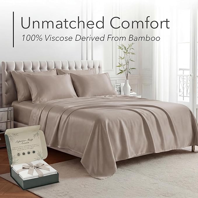 DECOLURE 100% Viscose Derived from Bamboo Sheets Queen Size - Luxury 6 Pc Naturally Cooling Sheets, Ultra Soft Bed Set - Deep 17" Pockets, Durable Double Stitching, Oeko Tex Standard (Taupe)