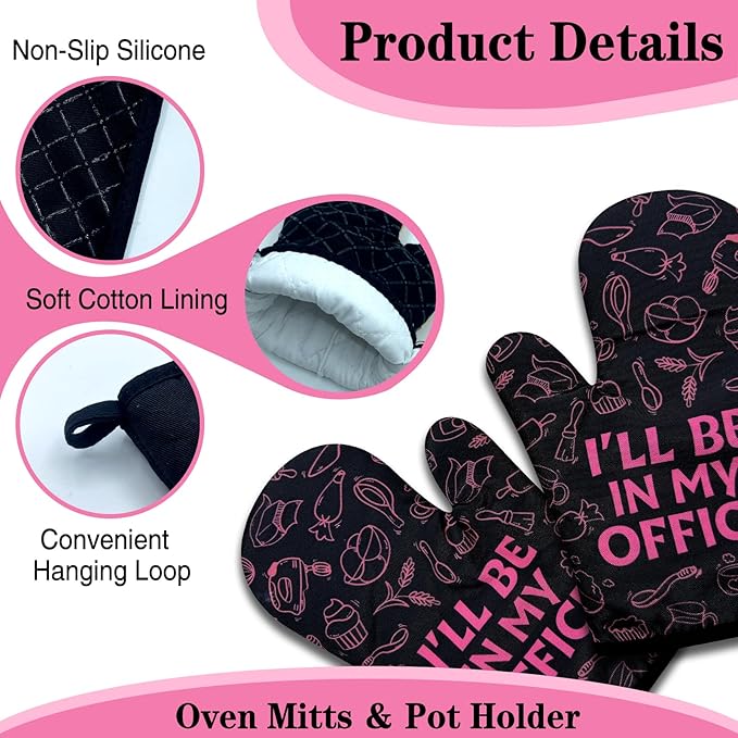Funny Baking Oven Mitts and Pot Holders Set of 3, I'll Be in My Office, Heat Resistant Non-Slip Kitchen Mitts Hot Pads, Baking Gifts for Women, Christmas Birthday Gifts for Chef Bake Lover