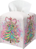 Christmas Tree Tissue Box Holder, Colorful Christmas Tree Leather Tissue Box Cover Square, Paper Facial Decorative Tissues Cover for Night Stands Bathroom Kitchen Office Home Decor-B01
