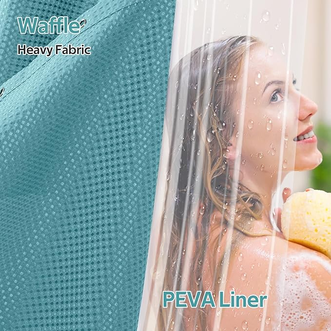 Vipfree 3 in 1 Shower Curtain Set, Waffle Shower Curtain and Liner Set with 12 Double Sided Shower Curtain Hooks, 258GSM Luxury Weighted Cloth Shower Curtains for Bathroom, 72 W x 72 H, Teal