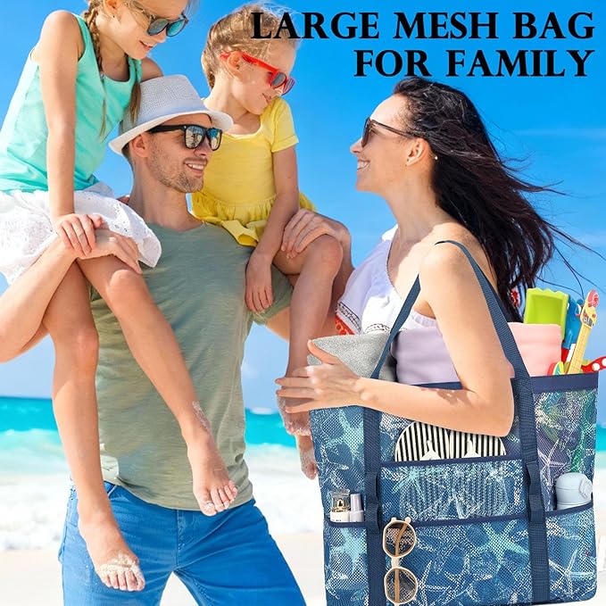 Fammart Mesh Beach Bag, Large Beach Tote with Zipper Pocket for Family Pool Bag for Toys & Vacation Essentials