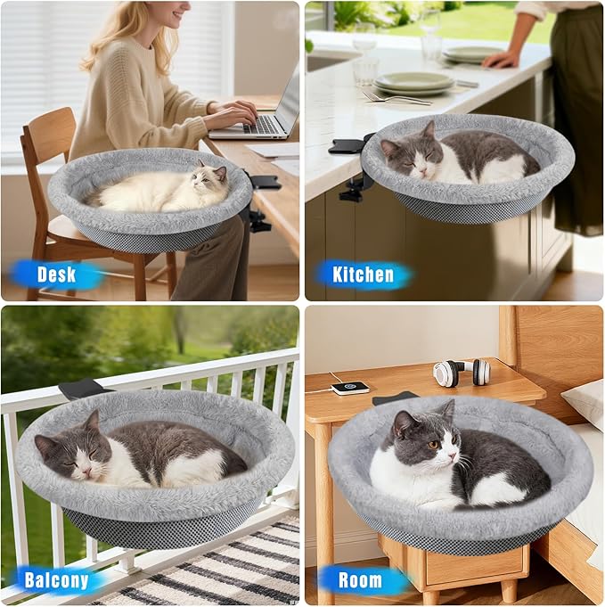 IPOW Heavy Duty Steel Frame 180° Rotating Cat Desk Bed Semi-Circular Cat Bed, Soft Faux Rabbit Fur Material, Suitable for Various Desktops-Maximum Hold Up to 40lb