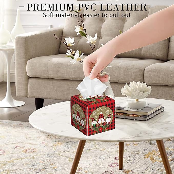 Red and Black Buffalo Plaid Leather Tissue Box Holder Christmas Gnomes Tissue Box Cover Square Waterproof Tissue Holder Organizer Modern Napkin Holder for Bedroom Dresser Night Stand Office Desk