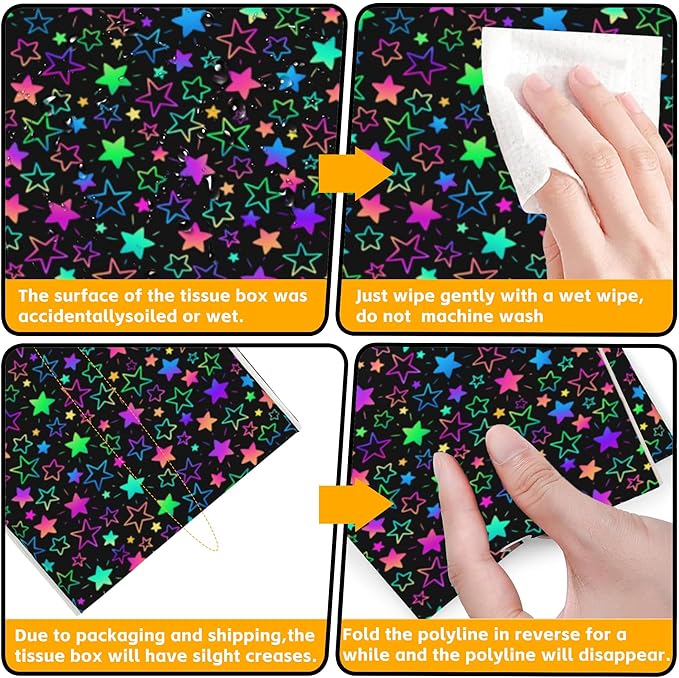 Neon Stars Tissue Box Cover Square,Tissue Box Holder with Belt Bottom,Stylish Leather Napkin Holder for Vanity Countertop,Nightstands,Office Desk,5.2"×5.2"×5.2"