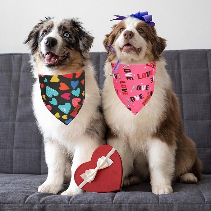 ADOGGYGO Valentine Dog Bandanas 2 Pack, Triangle Reversible Love Heart Scarf, Premium Durable Fabric, Pet Valentine Bandana for Medium Large Dogs (Large)