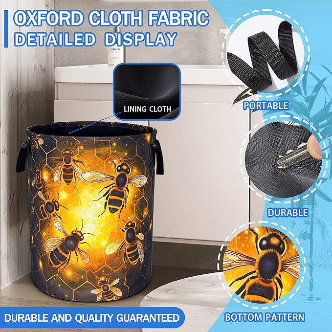 Queen Bee Laundry Basket Oxford Cloth Bee Honeycomb Laundry Hamper With Handle Foldable Portable Clothes Storage Basket 18.9 X 16.5 In Storage Bag For Laundry Room/Bathroom/Bedroom/Dormitories