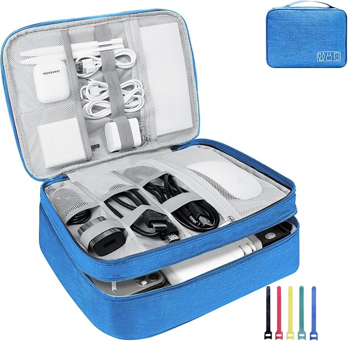 Lcsmaokin Electronics Travel Organizer,Large Double Layer Portable Waterproof Travel Organizer Bag for Charging Cable Storage,Ipad,Power Bank,Hard Drive,for Travel,Business,5pcs Cable Ties-Sky Blue