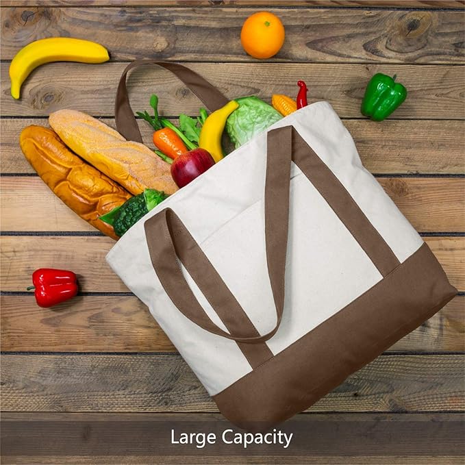 TOPDesign 3-Pack Canvas Tote Bags with an External Pocket, Reusable Grocery Shopping Bags, Top Zipper Closure, Daily Essentials (Brown/Natural)